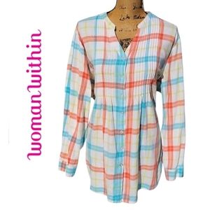 Woman Within Plus Size Pintucked Button Down Flannel Shirt; Multicolor Plaid